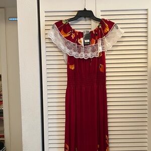 Red Off-Shoulder Dress with Lace Trim